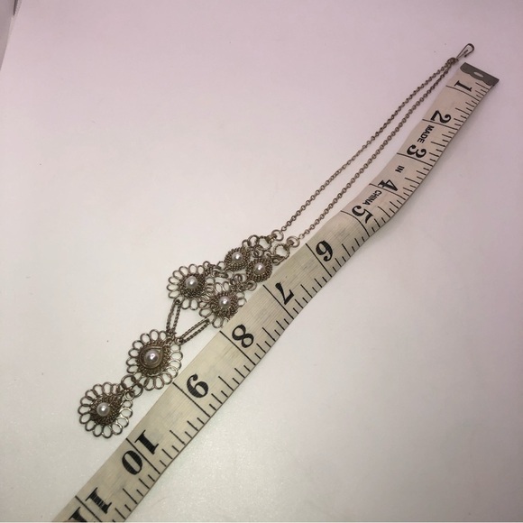 Vtg Wire Wrapped Faux Pearl Floral Flower Necklace 17” + 1.5” Drop - Picture 5 of 5
